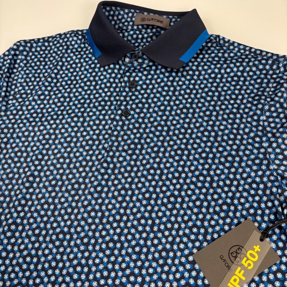 G/FORE Mens Small Blue Geometric Print Polo Shirt NEW UPF 50+ Golf Performance
